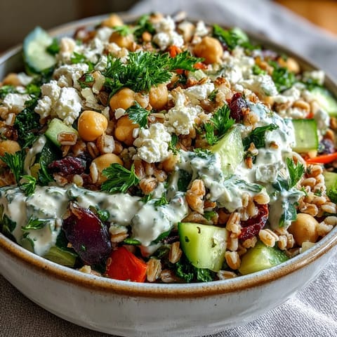 A close-up of a Mediterranean Farro Bowl with tahini dressing drizzled over fresh veggies and chickpeas. 