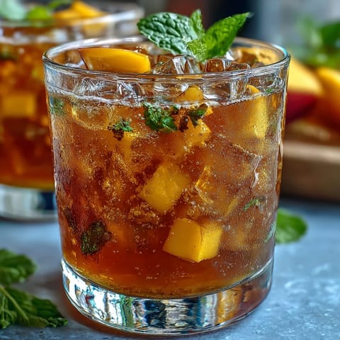 Mango Peach Iced Tea with Mint: Vibrant, refreshing iced tea bursting with sweet mango and peach flavors, served over ice with fresh mint sprigs.  