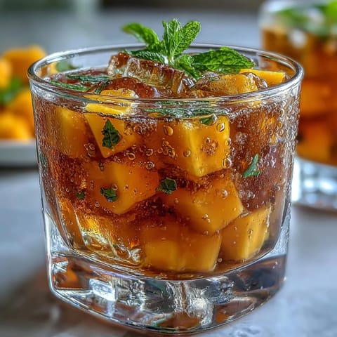 Cool and fruity Mango Peach Iced Tea with Mint, a perfect summer drink with juicy fruit purée and chilled black tea.  