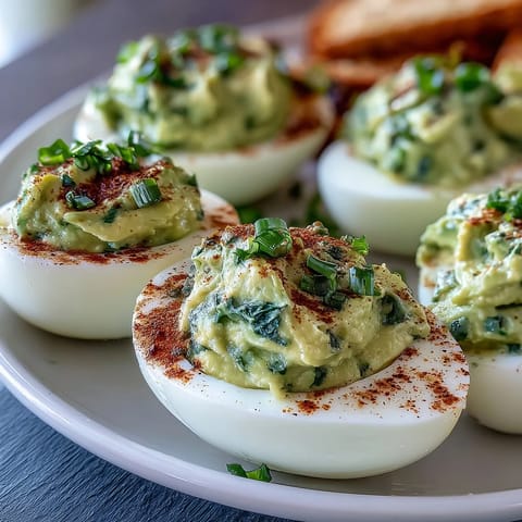 Creamy avocado deviled eggs with fresh herbs, a vibrant spring appetizer perfect for parties and gatherings.