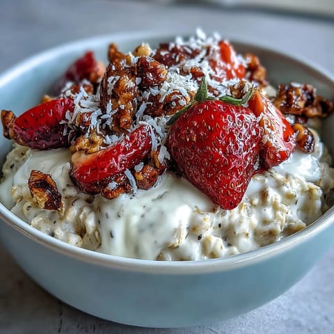 A bowl of healthy overnight oats with strawberry and chia, layered with fresh fruit and creamy yogurt.