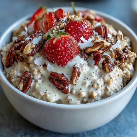 Overnight oats with strawberry and chia seeds, topped with sliced almonds and coconut for a nutritious breakfast.