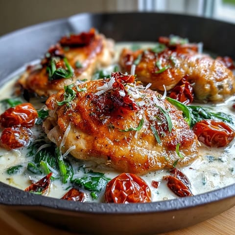 Creamy Tuscan Chicken Skillet with tender chicken in rich garlic cream sauce and sun-dried tomatoes.