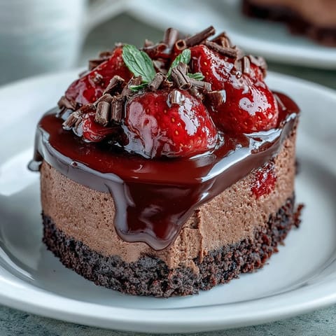 Gourmet no-bake strawberry cheesecake cups featuring chocolate biscuit base, silky cream cheese filling, and luscious chocolate ganache topping.