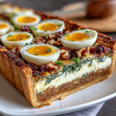 Easter Savory Pie with Hard-Boiled Eggs and Ham, golden puff pastry filled with creamy ricotta, diced ham, and vibrant spinach, baked to perfection for spring feasts.