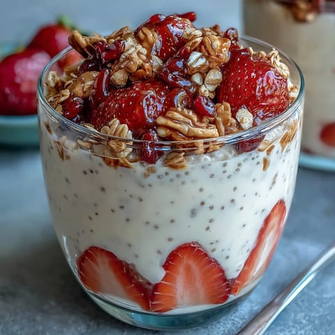 Creamy strawberry overnight oats with chia seeds and granola, topped with fresh berries for a wholesome breakfast.