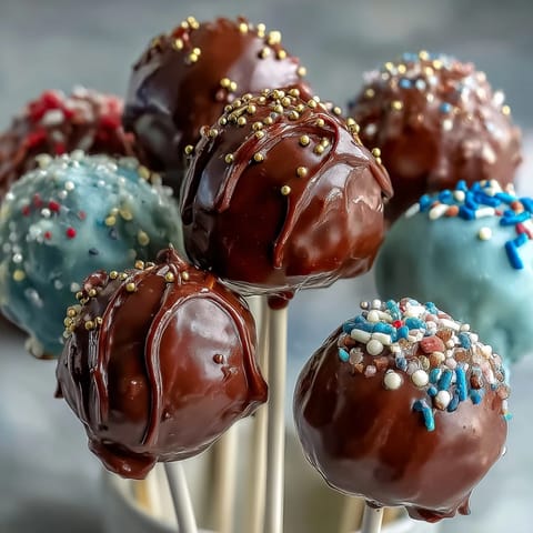 Graduation cake pops in school colors, coated in glossy candy melts and topped with shimmering gold sprinkles for a festive dessert.