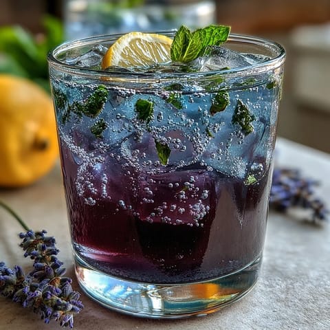 Iced lavender lemonade with fresh mint in a clear pitcher, garnished with lemon slices and mint sprigs, served over ice cubes for a refreshing spring drink.