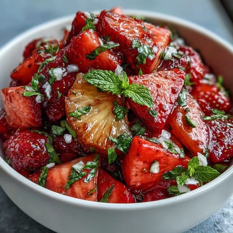 Vibrant strawberry lemonade fruit salad with fresh berries, juicy pineapple, and a zesty citrus dressing.
