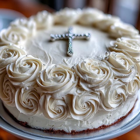 Elegant First Communion cake with white fondant roses and a cross topper, perfect for a sacred celebration.