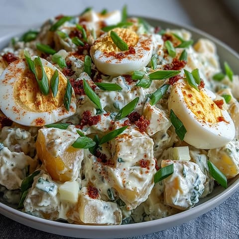 Classic Deviled Egg Potato Salad: a hearty, colorful side dish with hard-boiled eggs, crisp celery, and a zesty mayo-mustard blend.  