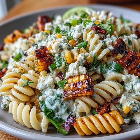 Elote Corn Pasta with Cotija: a vibrant Mexican street corn pasta salad with charred sweet corn, creamy dressing, and tangy Cotija cheese.