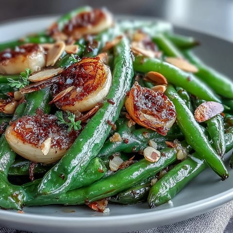 Roasted garlic green beans with caramelized garlic and a hint of lemon zest.