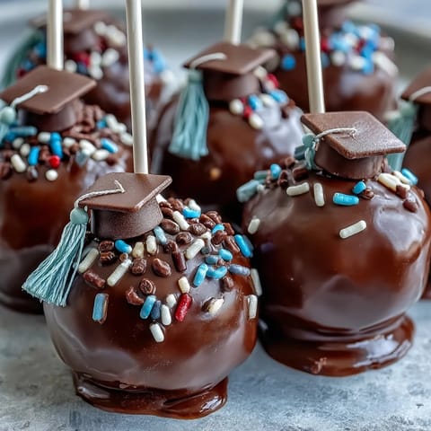Graduation cake pops in school colors, decorated with edible glitter and chocolate caps for a festive celebration dessert.
