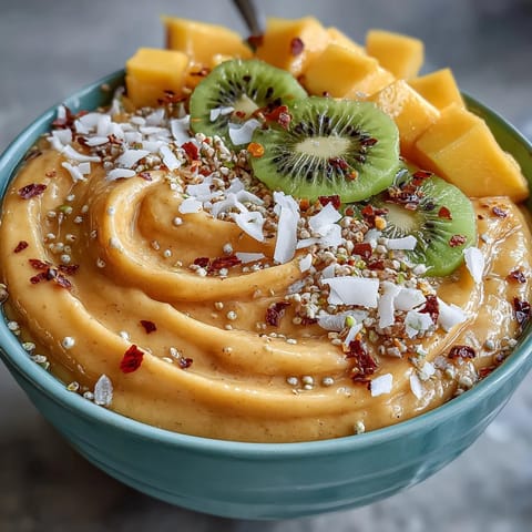 Vibrant mango chili lime smoothie bowl topped with fresh kiwi, granola, and chia seeds for a refreshing and spicy breakfast treat.