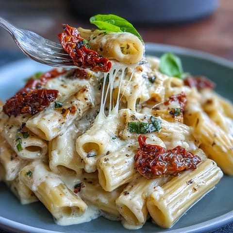 Creamy Marry Me Pasta with sun-dried tomatoes and parmesan in a velvety sauce, garnished with fresh basil and extra cheese.