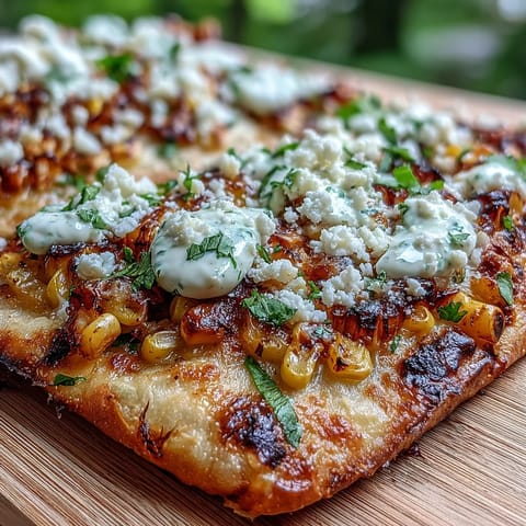 Cinco de Mayo Street Corn Flatbread with Jalapeño Crema, topped with charred corn, cotija cheese, and zesty jalapeño crema.  
