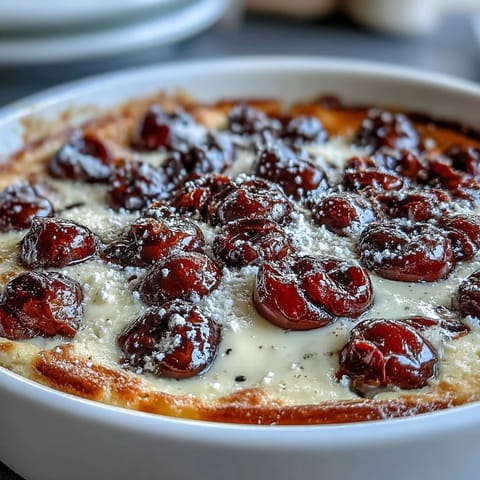 Fresh cherry clafoutis with vanilla bean, golden and puffed from the oven, dusted with powdered sugar.  