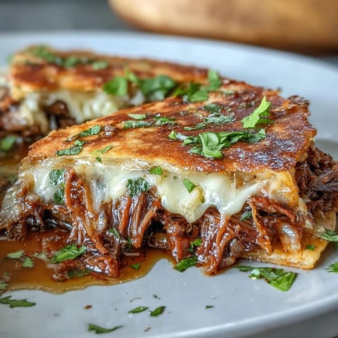 Cinco de Mayo Birria Quesadillas with Consommé Dip: Crispy tortillas filled with tender braised beef birria and melted cheese, served with a rich, spicy dipping broth.