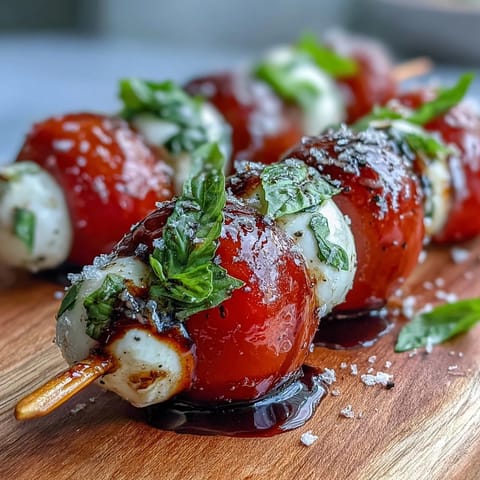 Colorful Caprese skewers appetizer with fresh basil and drizzled balsamic glaze.