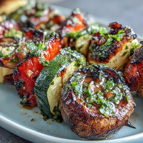 Vibrant grilled veggie kabobs with zesty chimichurri sauce, perfect summer side dish.