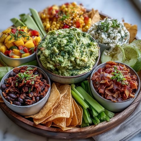 Vibrant guacamole bar with five colorful toppings, perfect for a festive appetizer.