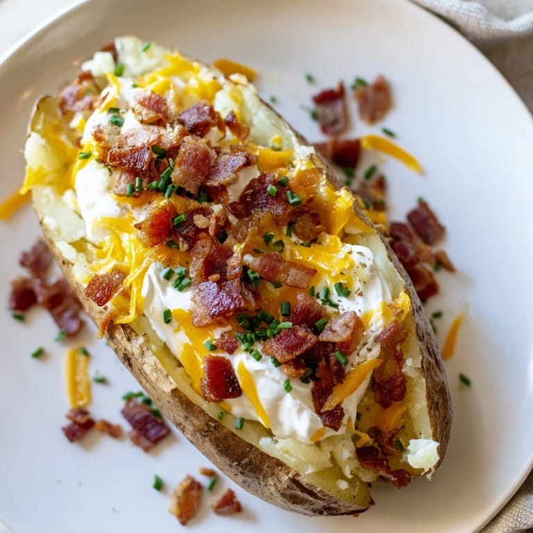 Golden baked skin on a fully Loaded Baked Potato, revealing a soft, buttery interior filled with tasty toppings.