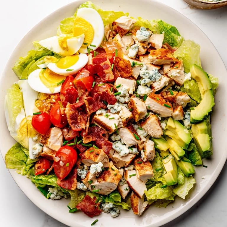 Fresh, colorful Cobb salad with ripe tomatoes and crumbled blue cheese, drizzled with vinaigrette dressing.