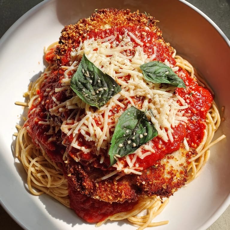A close-up of baked Chicken Parmesan, showing crispy chicken, melted cheese, and fragrant marinara sauce.