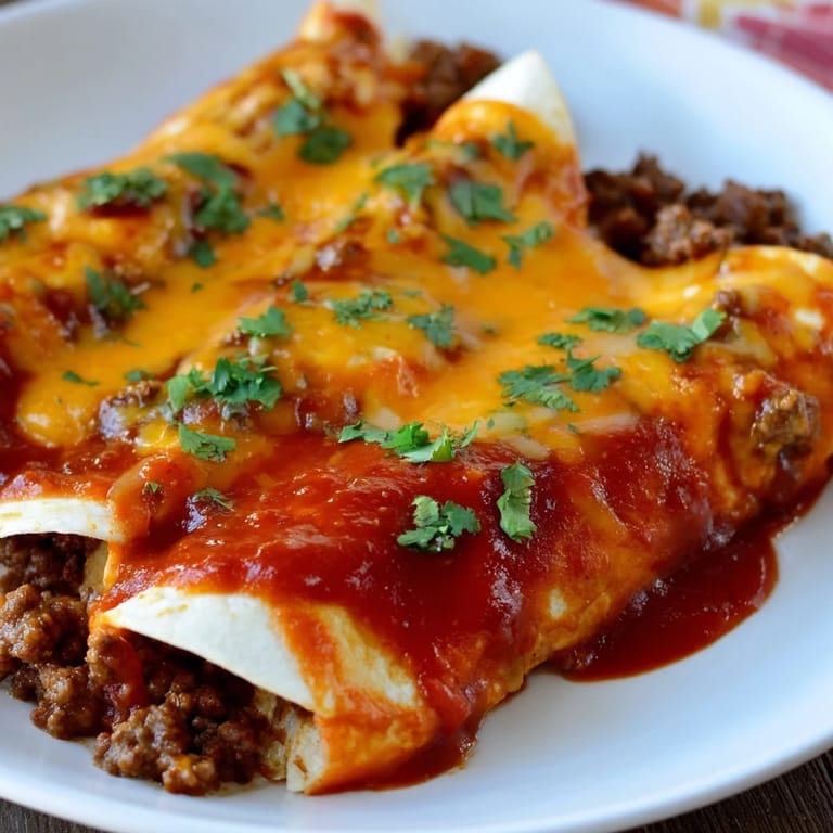 A close-up of delicious Beef Enchiladas, smothered in red sauce, perfect for a cozy dinner.