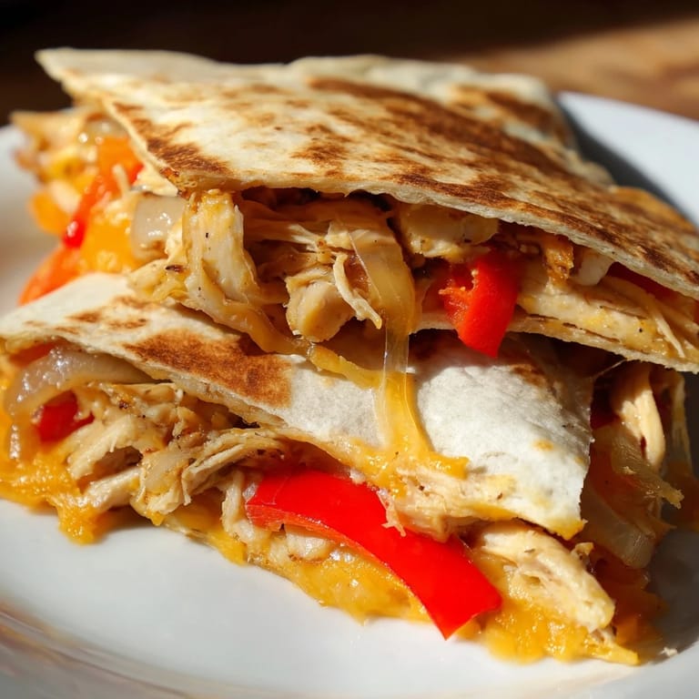Melted cheese and grilled chicken filling a perfectly cooked Chicken Quesadilla, ready to eat.