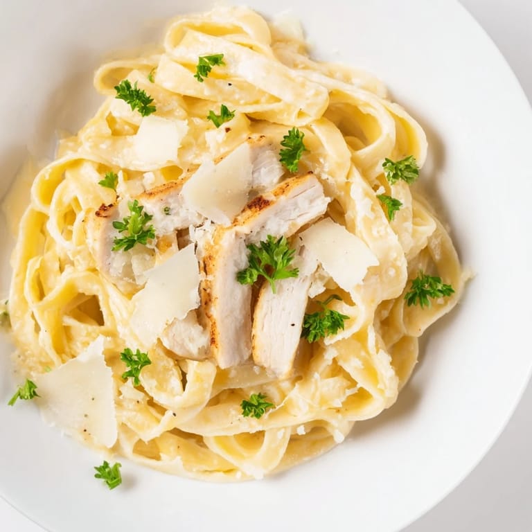 A comforting bowl of fettuccine Alfredo: creamy pasta perfectly coated, with optional chicken and fresh parsley.