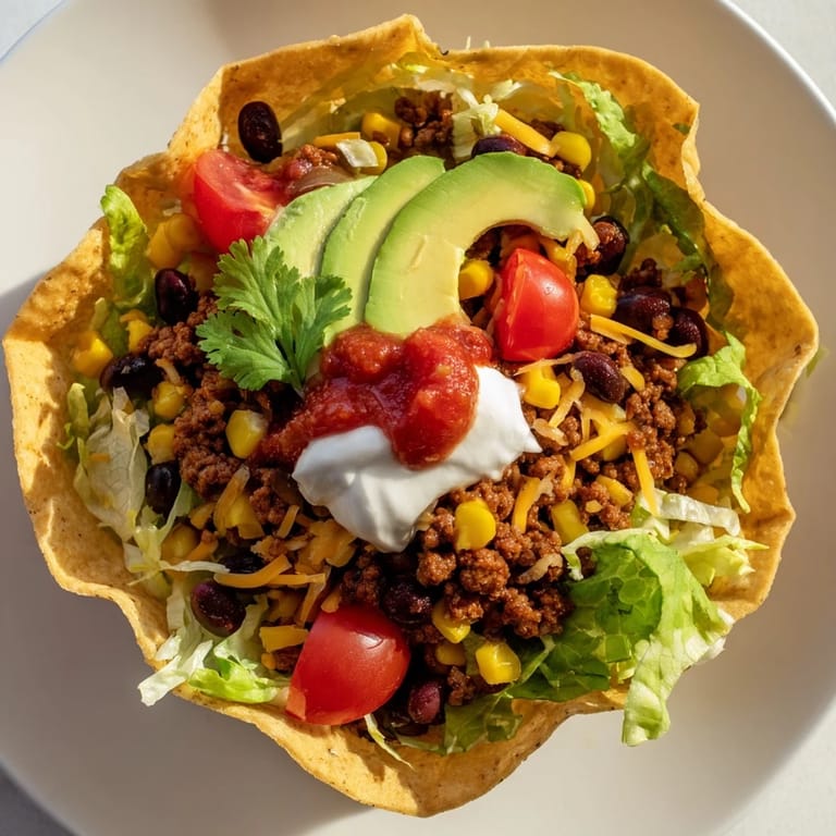 This loaded taco salad features a delightful mix of textures: crunchy tortilla and creamy avocado.