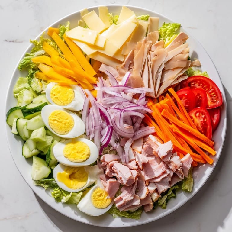 Fresh, vibrant chef salad with crisp lettuce, hard-boiled eggs, and a tangy vinaigrette dressing.