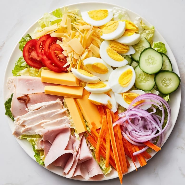Classic American chef salad featuring ham and cheese, artfully arranged for easy enjoyment and taste.