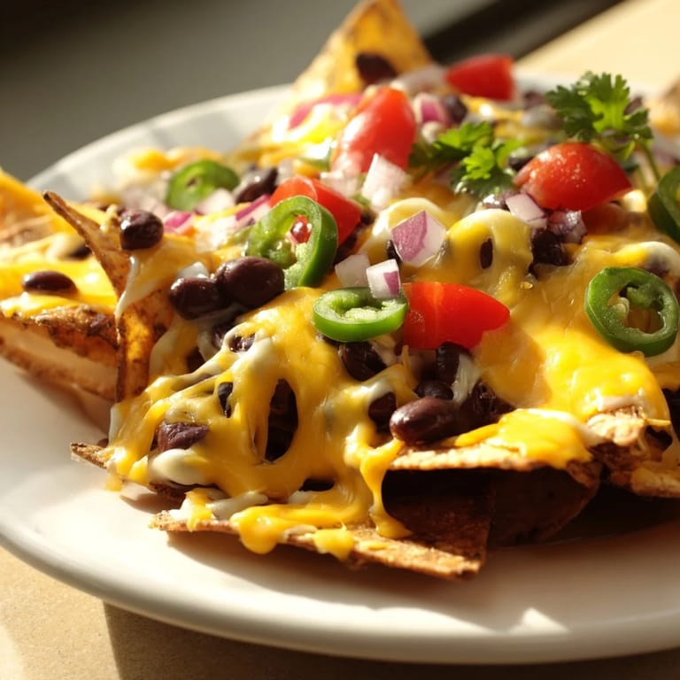 A generous serving of loaded nachos features warm, melted cheese atop crispy tortilla chips ready to eat.