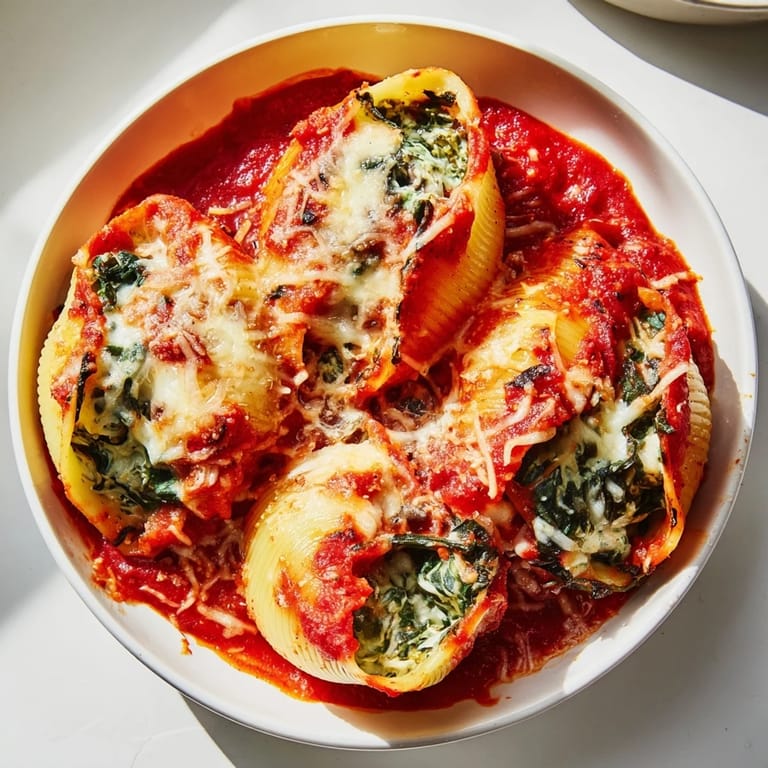 Golden-baked Stuffed Shells brimming with creamy ricotta and spinach, perfect for a cozy dinner.
