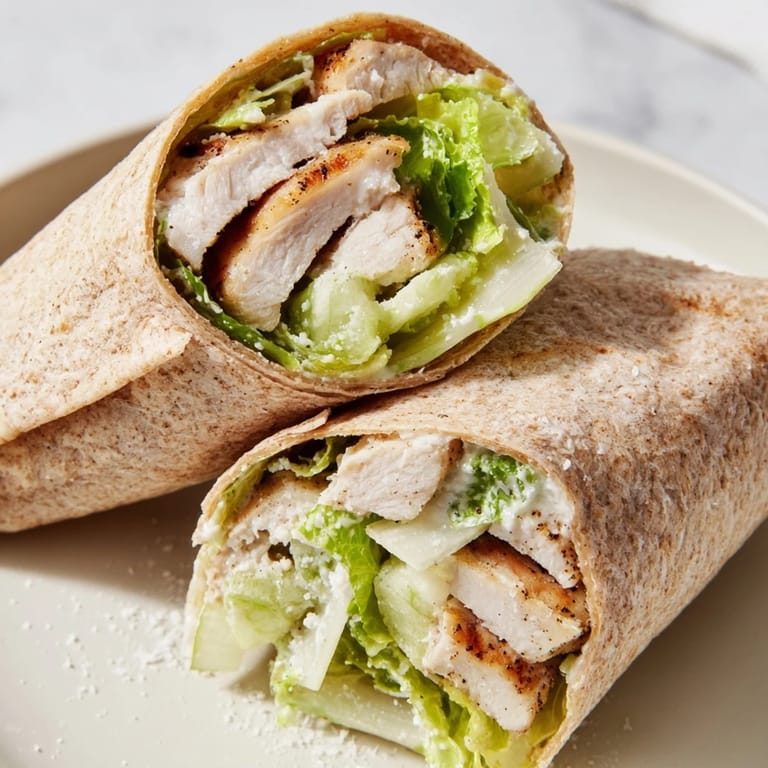 A tempting close-up of a Chicken Caesar Wrap, showing fresh lettuce and creamy dressing.