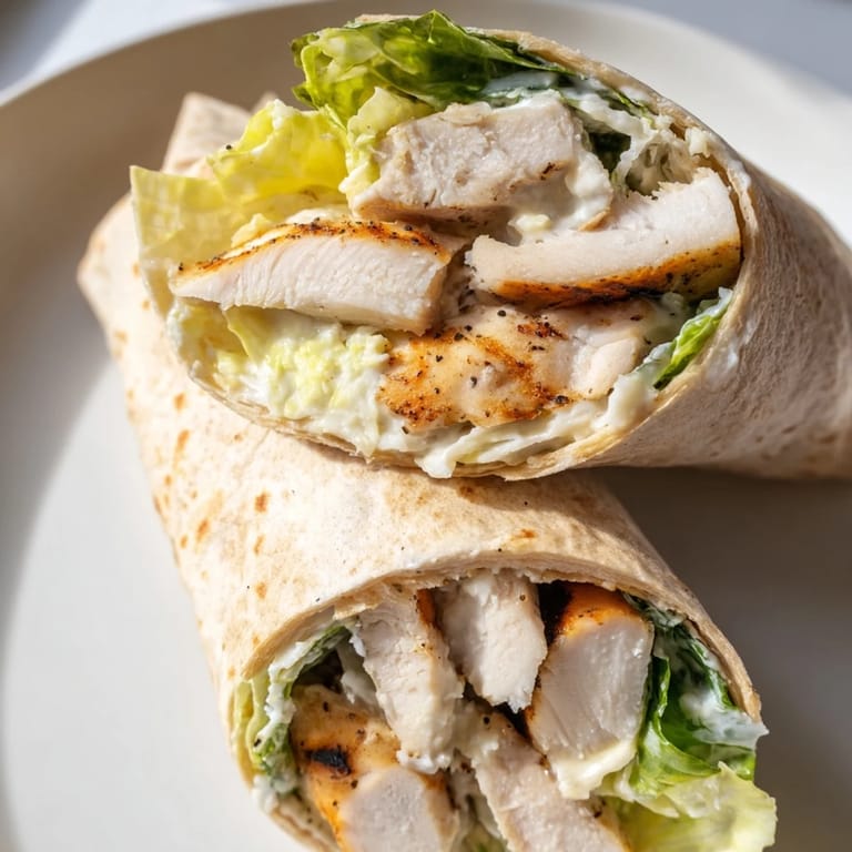 Perfectly rolled Chicken Caesar Wrap, served with optional cherry tomatoes for added flavor.