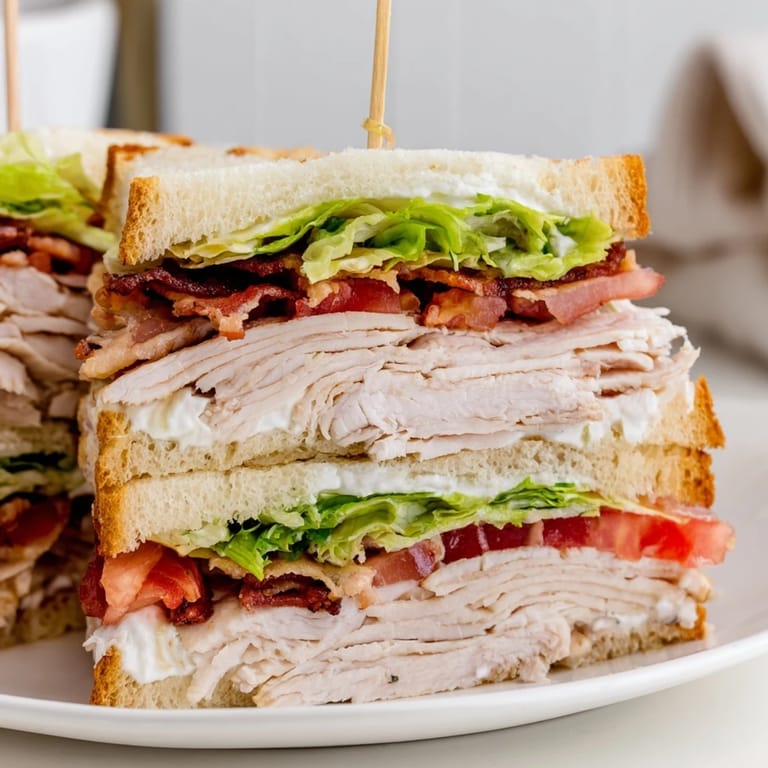 A scrumptious, appetizing picture of a fully-loaded Turkey Club Sandwich, ready to be devoured.