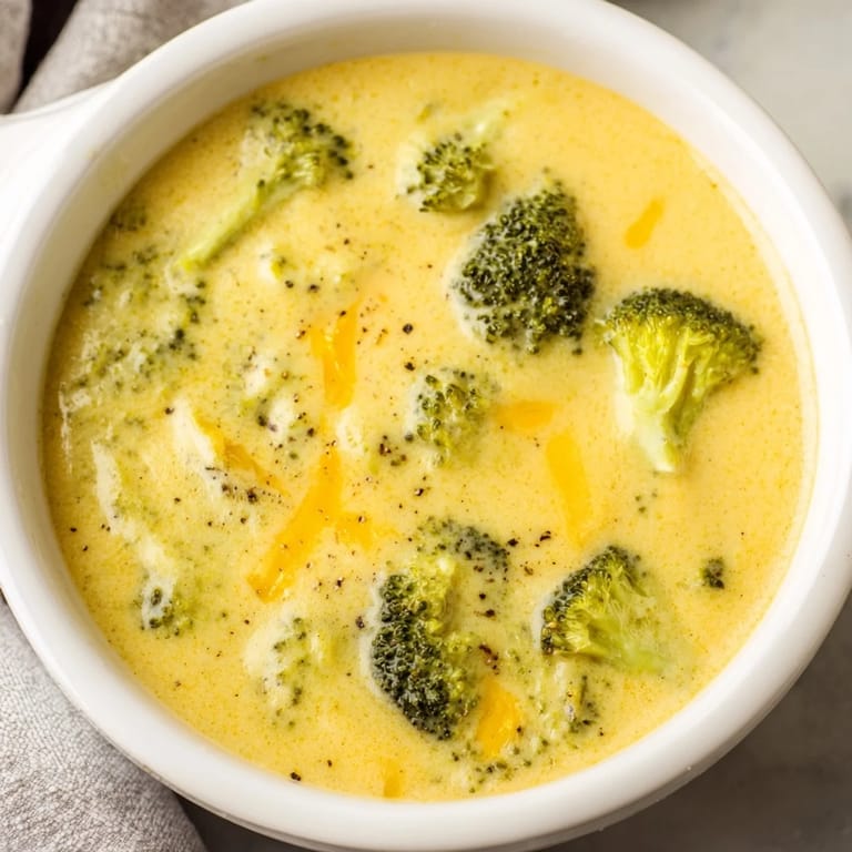 Hearty homemade Broccoli Cheese Soup, perfectly blended, garnished with cheese, ready for serving.