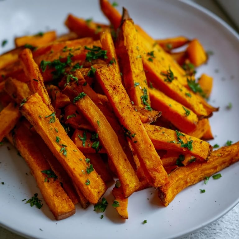 A close-up of delicious, hot sweet potato fries, ready to be dipped and enjoyed.