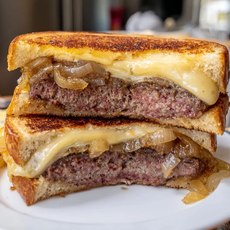 A close-up shot of a perfectly grilled Patty Melt, with layers of savory beef and caramelized onions.