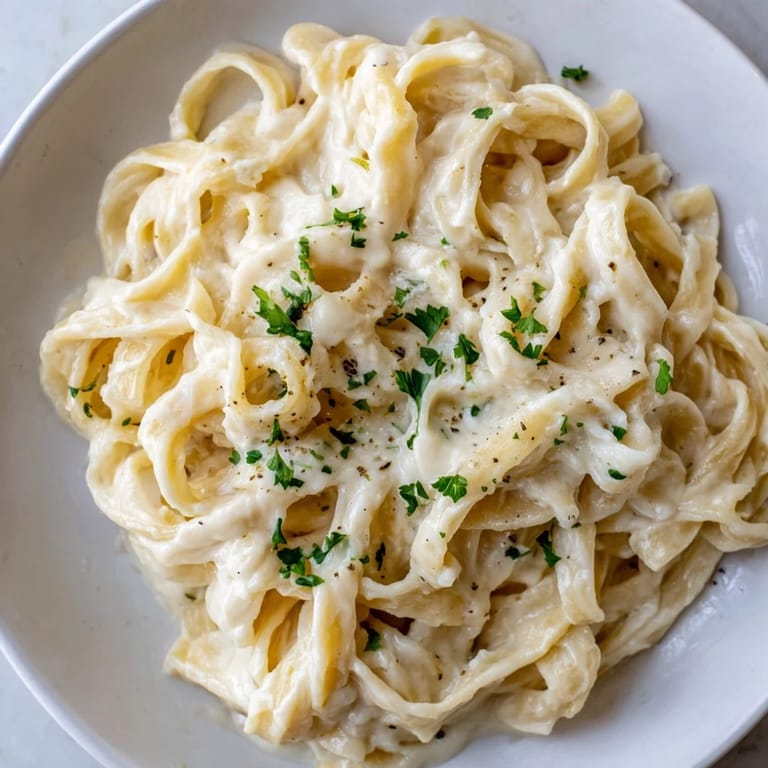 Steaming Roasted Cauliflower Alfredo served over fettuccine, garnished with parsley and extra Parmesan for a comforting meal.