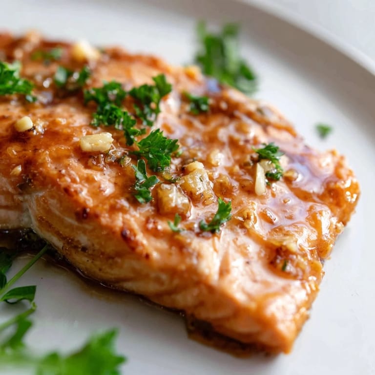 Succulent Honey Garlic Glazed Salmon served with lemon wedges, revealing tender, flaky interior and a glossy, caramelized surface for a flavorful main dish.