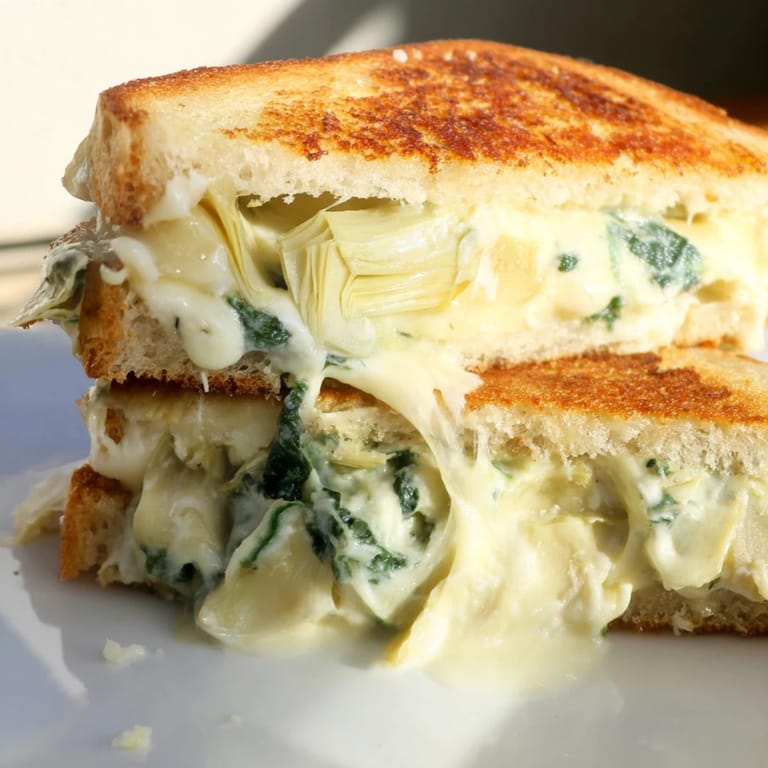 Close-up view of Spinach Artichoke Grilled Cheese with visible specks of spinach and artichoke on creamy filling inside crispy sourdough.  