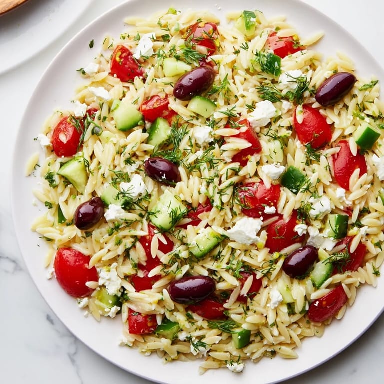 Fresh Greek Orzo Salad featuring tender pasta, crisp vegetables, and crumbled feta, served as a refreshing side dish.