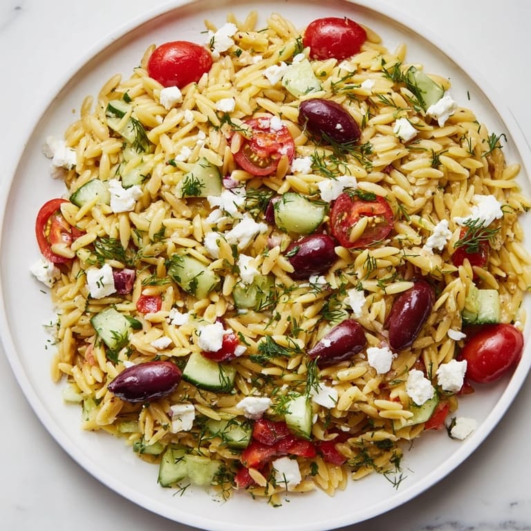 Colorful Greek Orzo Salad ready for a picnic, with bright Mediterranean ingredients and a tangy lemon-oregano vinaigrette.