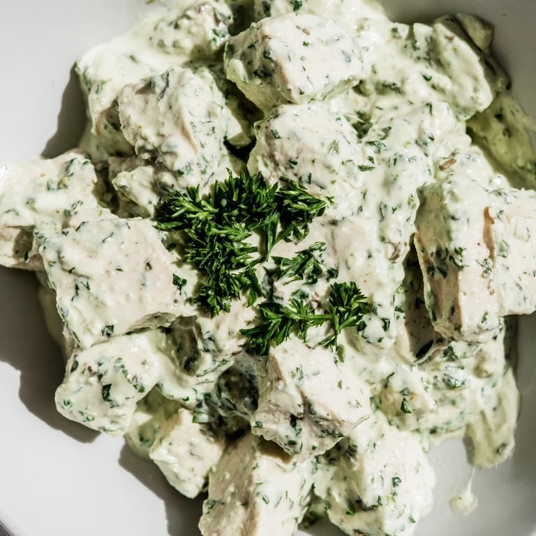 Close-up of juicy Green Goddess chicken salad on a platter, garnished with fresh parsley and tarragon, ready to serve.