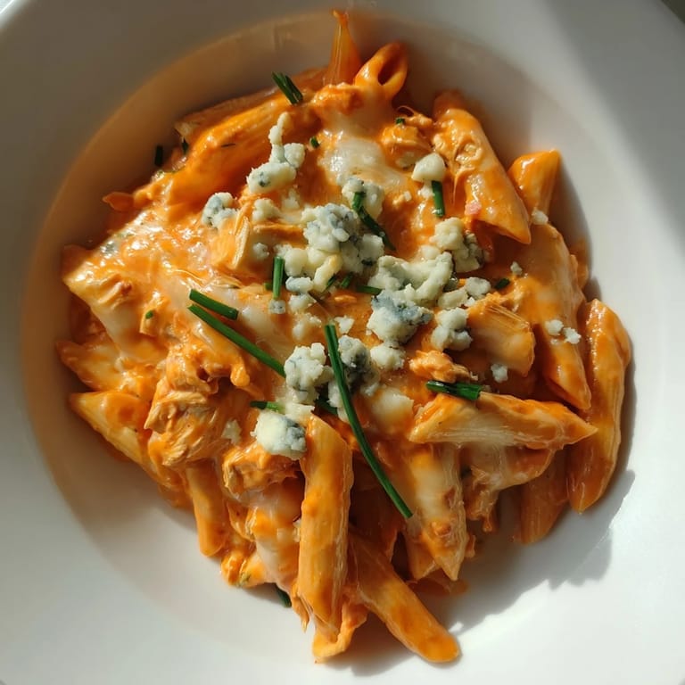 A hearty skillet of Buffalo Chicken Pasta, featuring penne coated in spicy, cheesy sauce with tender chicken.  